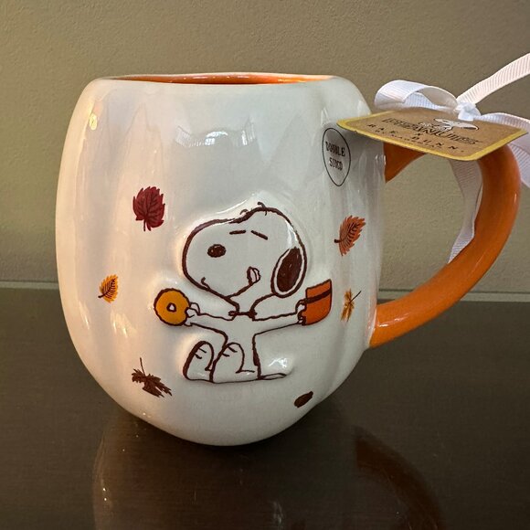 Peanuts x Rae Dunn Snoopy Pumpkin Spice 21oz Double Sided Pumpkin Shaped Mug NWT - Picture 1 of 5